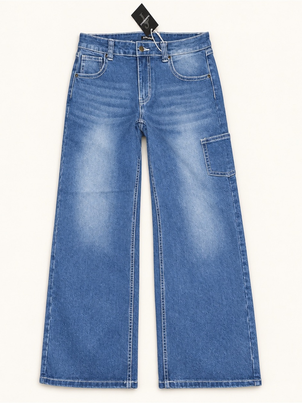 FLAMINGALS NWT Wide Leg Cargo Jeans Size L Medium Wash Stretch